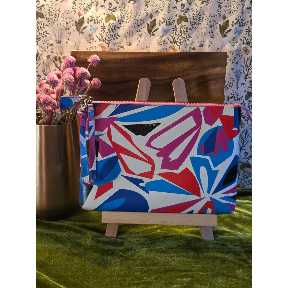 Elaine Turner Abstract Geometric Print Wristlet Clutch Pink Blue Red White‎